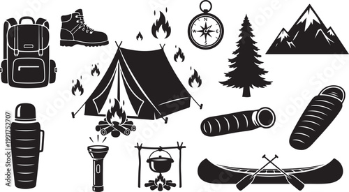 Camping and hiking icons and travel equipment illustrations set