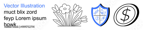 Spring seasons, cybersecurity, financial security, floral art, protection , economic concepts. Daffodil flowers, shield with symbols and a dollar icon. Cybersecurity and financial security