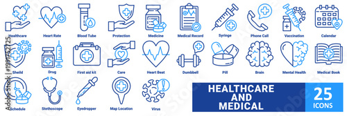 Healthcare and Medical icon set with icon Healthcare, Heart Rate, Blood Tube, Protection, Medicine, Medical Record, Syringe, Phone Call, Vaccination, Calendar, Shield, Drug, First aid kit, Care, 