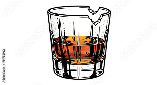 Broken Whiskey Glass with Amber Drink