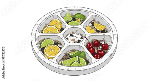 Circular tray with citrus slices, cherries, and toppings for cocktails