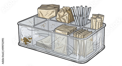 Clear plastic organizer filled with coffee shop condiments and supplies