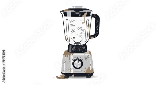 Dirty blender with splattered food residue on white background