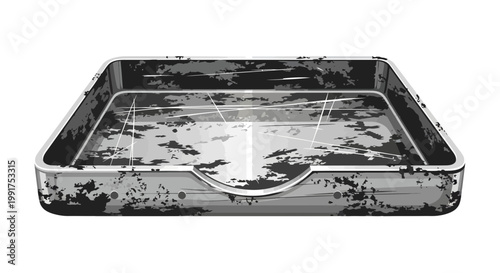 Grungy, distressed inbox tray, office clutter, vintage design, isolated on white