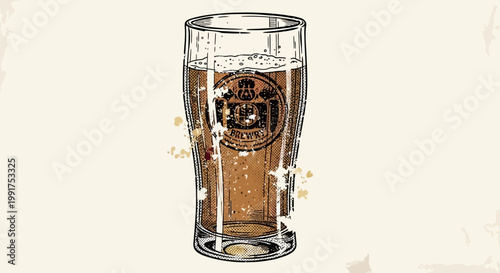 Illustration of a pint glass filled with beer, featuring a vintage label and textured background.