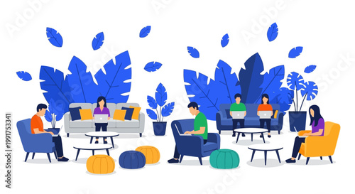 People sitting in a colorful lounge area with plants.