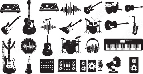 Music icons and instruments in black and white vector