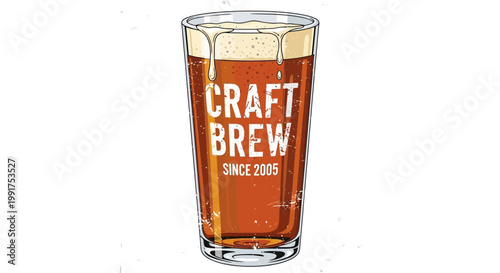 Pint glass with craft beer and foam, text "CRAFT BREW SINCE 2005"