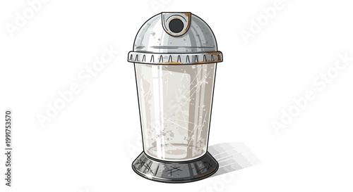 Retro trash can with transparent body and metal lid, isolated on white background.