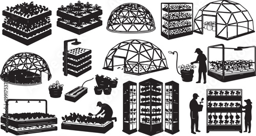 Black and white illustration of various greenhouse structures designs