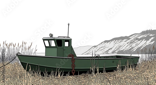 Green utility boat docked on grassy shore with mountain landscape