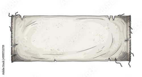 Vintage blank parchment banner with frayed edges and rope ties, isolated on white