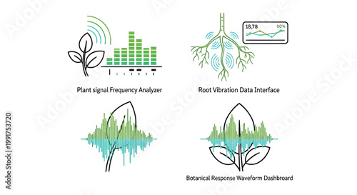 Botanical signal analysis, plant frequency monitoring, eco technology, green innovation icons
