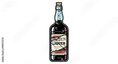Vintage bottle of liquor, old glass container with cork stopper and worn label