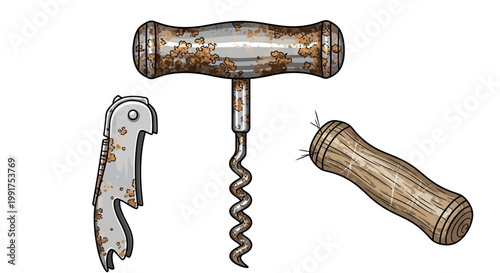 Vintage Corkscrew Tools and Wooden Handle Fragment