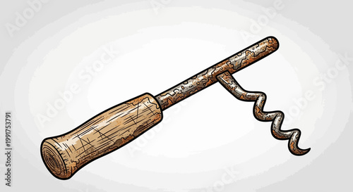 Vintage corkscrew with wooden handle, rusty metal, isolated on white