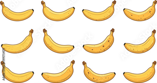 Banana Illustration Set with Fresh, Ripe, and Spotted Yellow Bananas in Various Shapes for Tropical Fruit, Healthy Food, and Organic Design