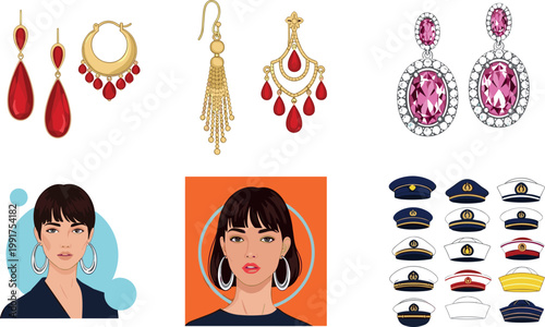 Fashion earrings and female avatar vector set with luxury jewelry designs stylish woman portraits and uniform hats collection