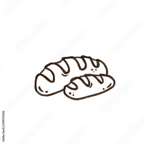 Hand-drawn black and white illustration of two baguette breads with classic scoring detail. This simple sketch style artwork is clean and versatile, perfect for bakery branding, menu design.