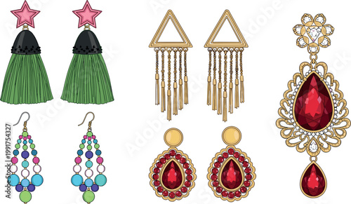 Statement earrings vector set with tassel chandelier gemstone and geometric designs colorful fashion jewelry accessories collection