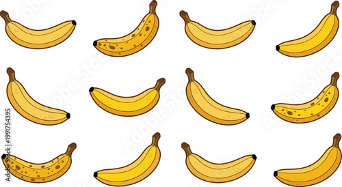 Banana Fruit Illustration Set with Ripe, Fresh, and Spotted Yellow Bananas in Different Shapes for Healthy Food and Tropical Design