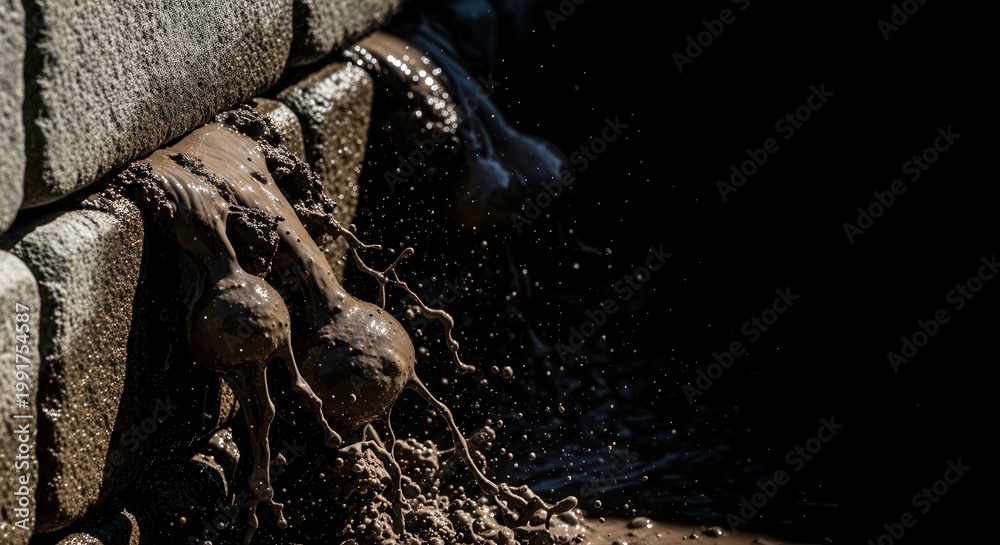 Obraz premium Mud flowing from stone wall with splashes and dark background, showcasing dynamic movement and texture. Mud highlights natural erosion process with organic forms.