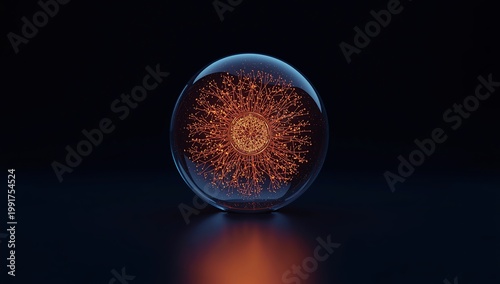 3D render of a luminous AI core sphere featuring intricate neural network structures, set in a dark futuristic space with volumetric lighting, reflections, and minimal composition