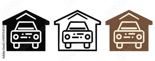 Car Parked Inside Garage and Automotive Storage Vector Icon Set