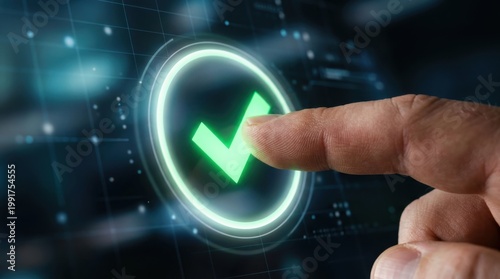 Close up finger pressing verification check in circular badge. Digital identity verification concept.