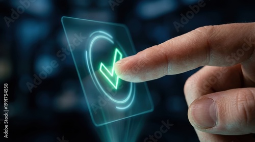 Finger tapping verified checkmark on floating security panel. Digital identity verification concept.