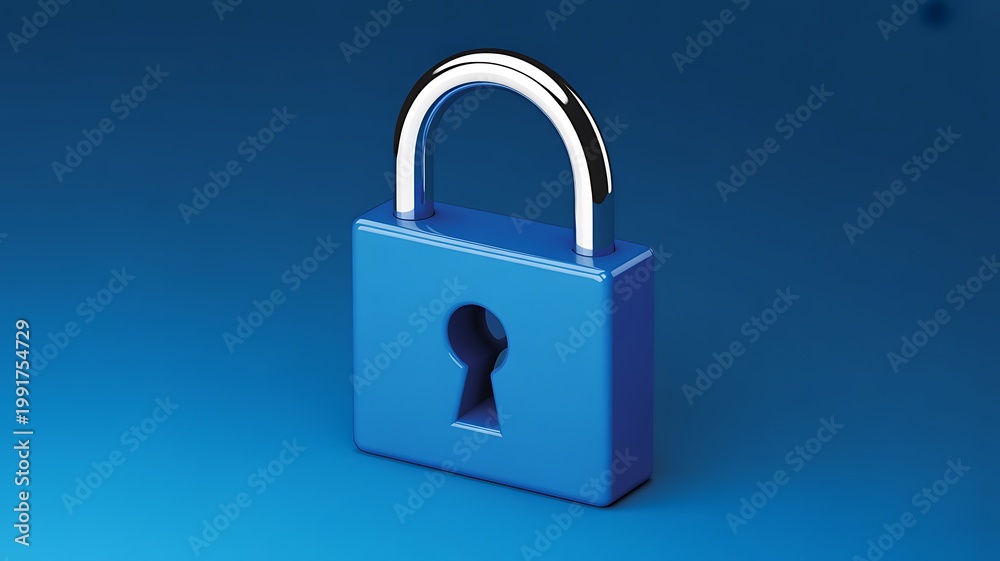 Fototapeta premium Blue padlock, security lock, metallic keyhole, safety mechanism, protection device