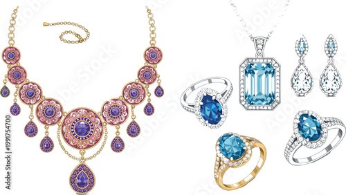 Luxury gemstone jewelry vector set with ornate necklace rings earrings and sparkling diamonds elegant fashion accessories collection