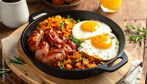 A cast-iron skillet filled with eggs and sausage on a wooden board