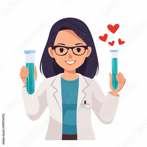 Female Scientist Holding Test Tubes with Hearts