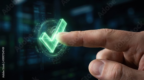 Finger pressing glowing green checkmark for identity approval. Digital identity verification concept.