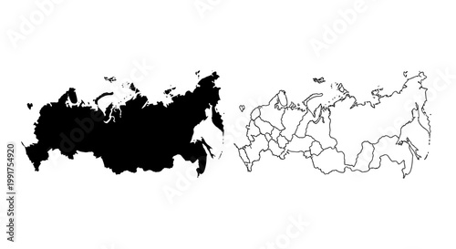 Russia Map Silhouette and Outline with Regions
