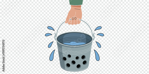Hand Holding Leaky Bucket Water Loss Concept