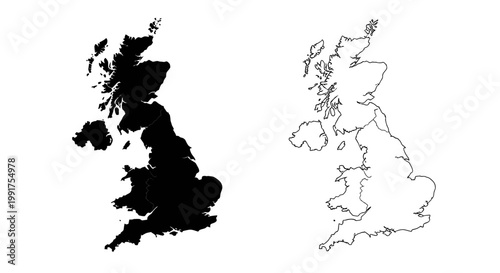 United Kingdom Map Silhouette and Outline Set