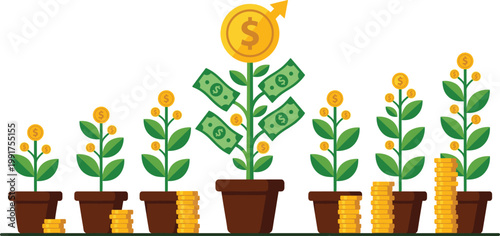 Financial Growth Illustration with Rising Money Plant, Dollar Cash Tree, and Increasing Coin Stacks for Investment, Profit, and Business Success Concept