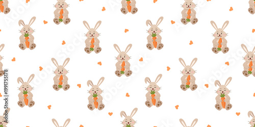Seamless pattern of cute cartoon bunny with carrots. Background little rabbit Vector illustration. Print for nursery, poster and postcard.