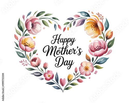 Happy Mother’s Day Watercolor Vector Illustration, Floral Greeting Card Design, Love and Family Celebration Isolated on White Background