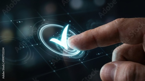 Finger pressing glowing verification checkmark on futuristic interface. Digital identity verification concept.