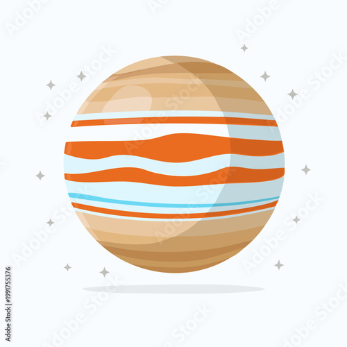 Stylized Jupiter planet illustration with colorful bands and stars