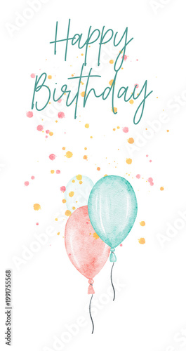 Watercolor happy birthday card with balloons.