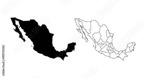 Mexico Map Silhouette and State Boundaries Outline Set