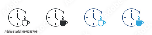 Coffee time icon set. Break time concept, clock with coffee cup, relaxation and work pause symbol, vector illustration
