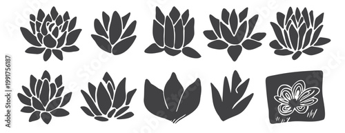 Black lotus and lily flower silhouettes. Hand-drawn botanical icons set in linocut stamp style for yoga, zen, and meditation. Minimalist floral doodle collection isolated on white background