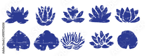 Blue lotus and lily flower silhouettes. Indigo floral botanical icons set in linocut stamp style for yoga, zen and meditation. Textured handdrawn amalfi sketch set isolated on white background