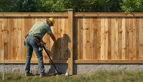 A construction worker wearing a hard hat and tool belt is meticulously installing a new wooden fence in a residential backyard.