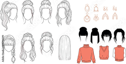 Collection of female hairstyles and fashion accessories vector set with earrings sweaters and trendy hair design illustrations